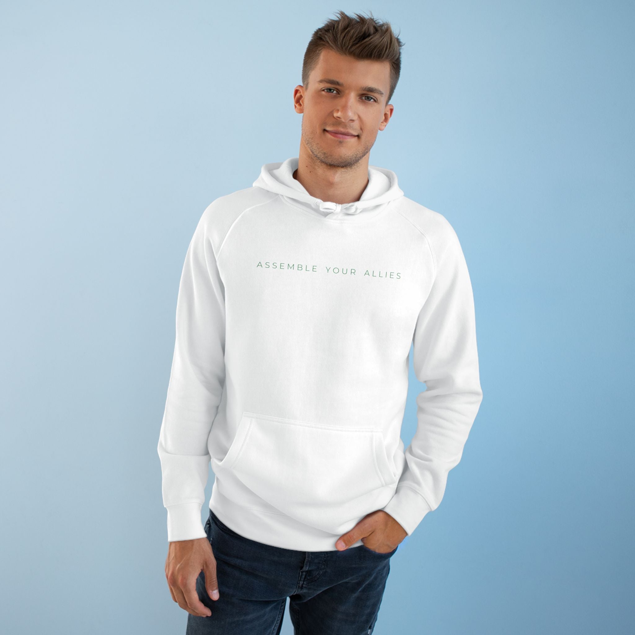 Evergreen Hoodie — “Assemble Your Allies” Minimal White Hoodie